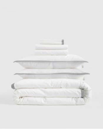 Classic Organic Percale Border Deluxe Bedding Bundle - White/Light Grey