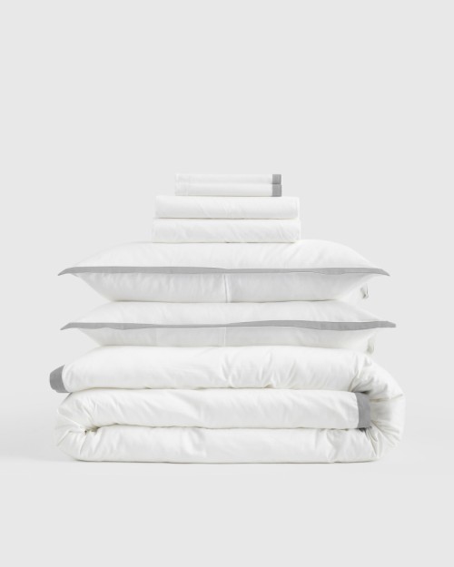 Classic Organic Percale Border Deluxe Bedding Bundle - White/Light Grey