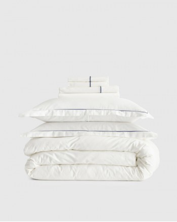 Classic Organic Percale Embroidered Deluxe Bedding Bundle - White/Navy