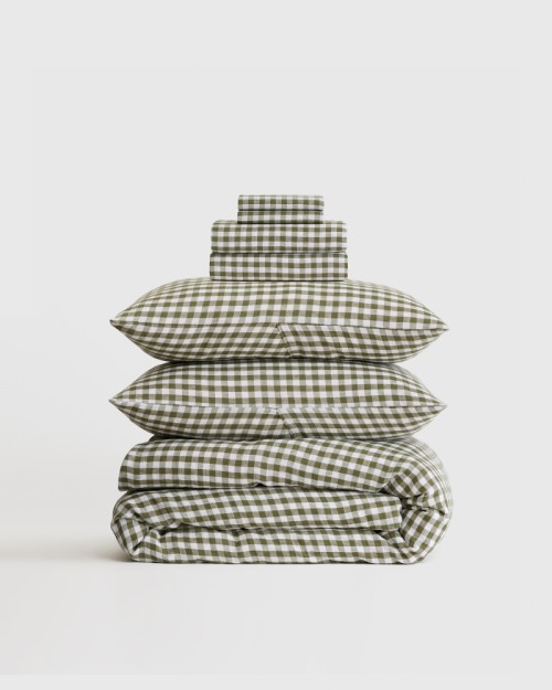 European Linen Duvet Deluxe Bundle - Olive Gingham